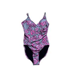 Garnet Hill Pink and Gray Floral One Piece Swimsuit